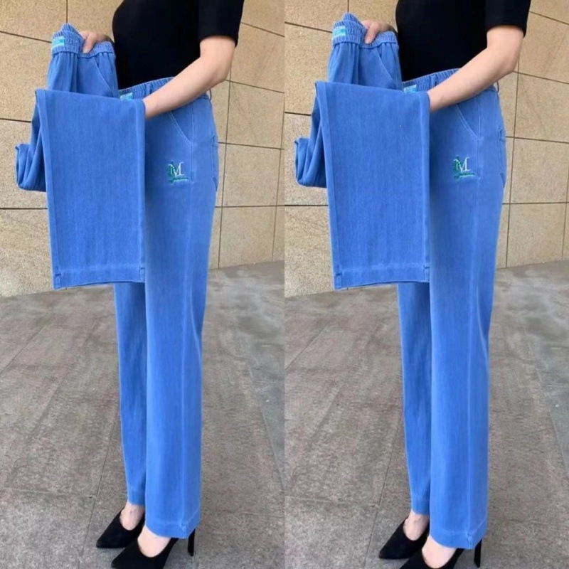 Summer Thin Jeans for Women 2026 New High-Waisted Stretchy Slimming Versatile Ice Silk Denim Elastic Straight Pants