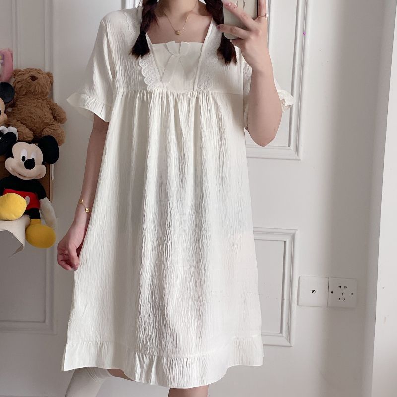 2025 nuevo estilo princesa viento nube hilo de algodón camisón mujer verano manga corta color sólido encaje pijama servicio a domicilio chica