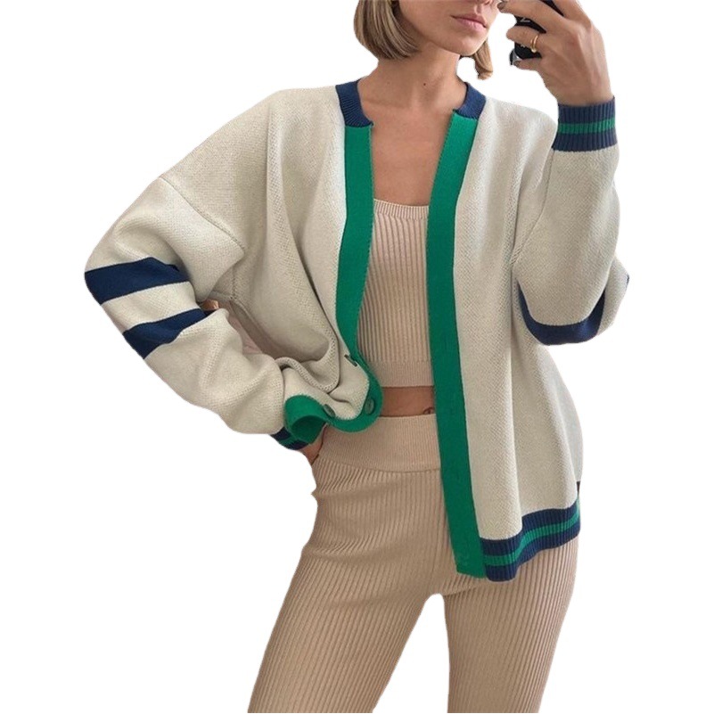 Cárdigan a la Moda con Bloques de Color, Suéter Holgado Informal para Otoño e Invierno, Ropa Femenina Transfronteriza 2024, Chaqueta de Suéter Tejido Simple a Rayas image 1