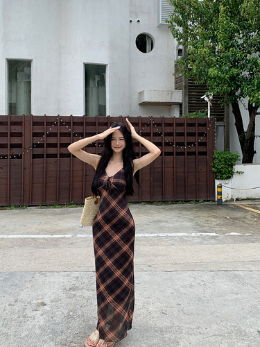 French Retro Gingham Strappy Dress for Women - Summer New Arrival Slimming Sheath Midi V Neck Net Sheath A Line Bustle Dress