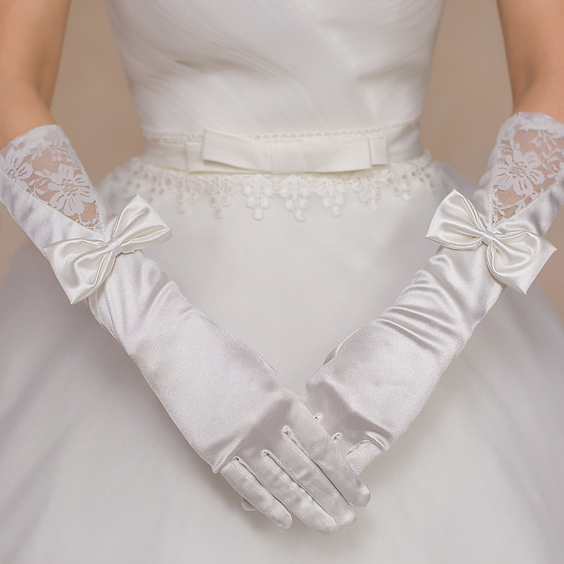 Lace Elbow Length Satin Satin Gloves Fingered Wedding Dress Gloves Elbow Length Embroidered Bow Long Gloves
