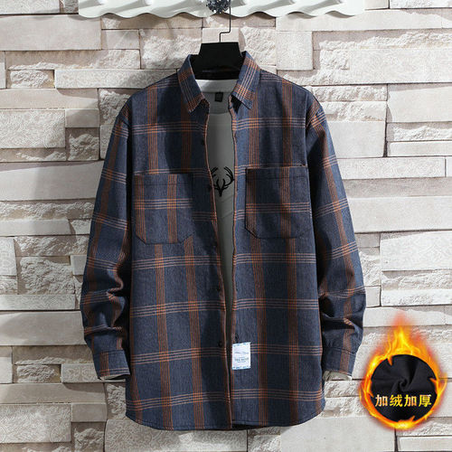 Men's Warm Winter Checkered Fleece Padded Long-Sleeve Shirt with Hong Kong Style Youth Student Casual Jacket