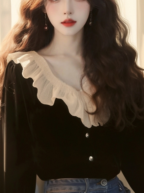 法式赫本风黑色丝绒上衣女2025早秋新款绝美荷叶边独特超好看衬衫|undefined