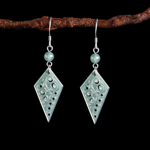 Natural A goods jade blue water antique hollow antique earrings S925 silver set ice jade earrings women's earrings