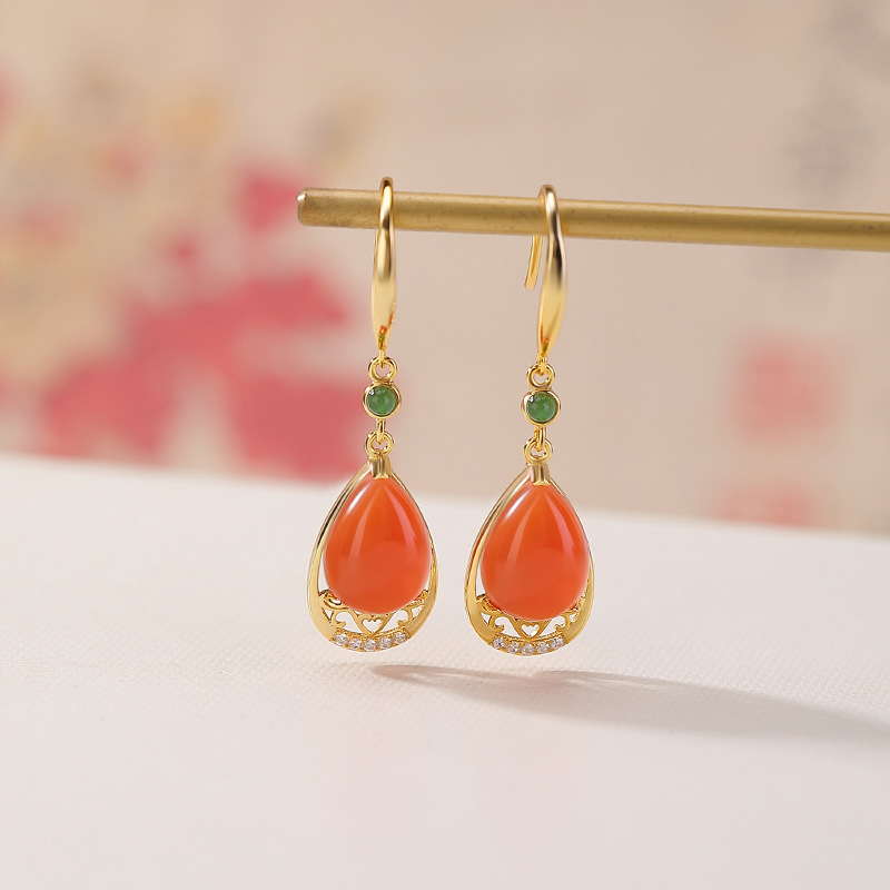 Khuyên tai nữ bạc S925 mạ vàng hồng đính mã não jasper hình giọt nước phong cách thanh lịch — Cặp đôi