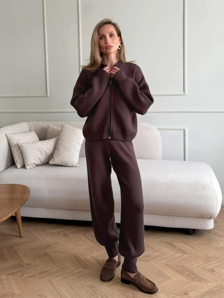 Bộ áo cardigan dệt kim khóa kéo dài tay phối quần ống rộng cho nữ — Màu nâu, Màu trắng, Màu xanh dương chi tiết 5