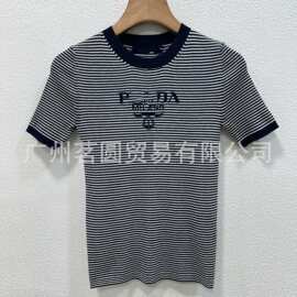 南油高定P家26早春新款字母提花圆领撞色条纹修身百搭短袖上衣女