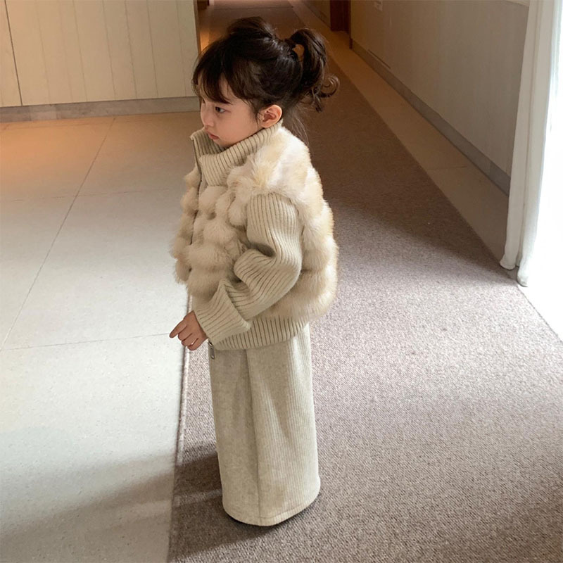 女童仿皮草夹棉外套冬季新款千金风毛毛拼接卫衣加绒休闲裤两件套