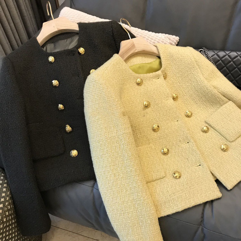 French-Style Chanel-Inspired Double-Row Gold Button Tweed Short Coat for Women, 2024 Autumn and Winter New Woolen Jacket Trendy