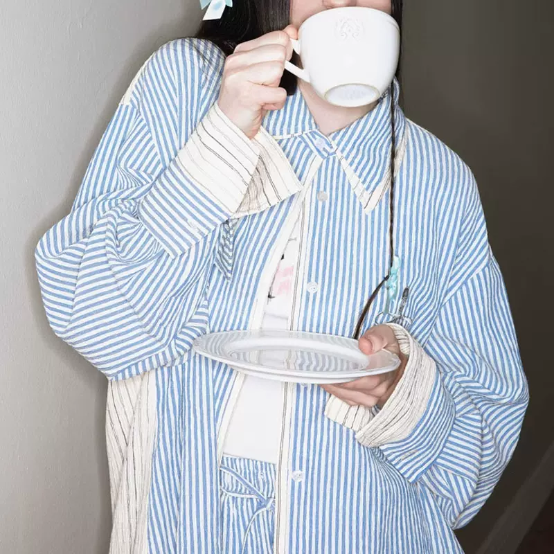 布鲁士蓝调虞书欣同款美式复古条纹衬衫休闲宽松短裤套装厂家直销