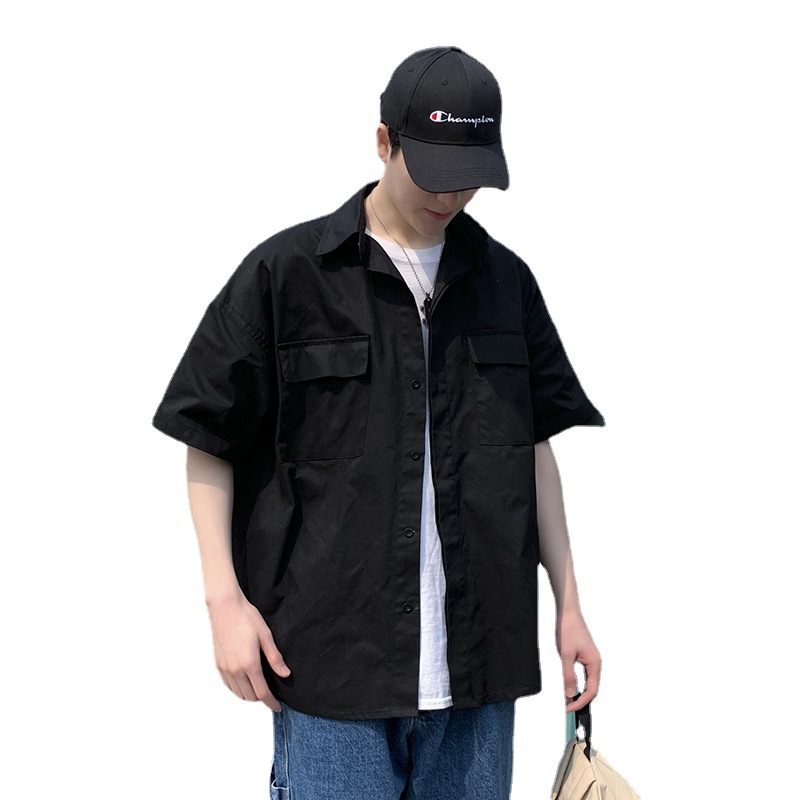 Verano ins retro Estilo funcional camisa de ropa de trabajo de manga corta Camisa de media manga casual de estilo coreano para hombres