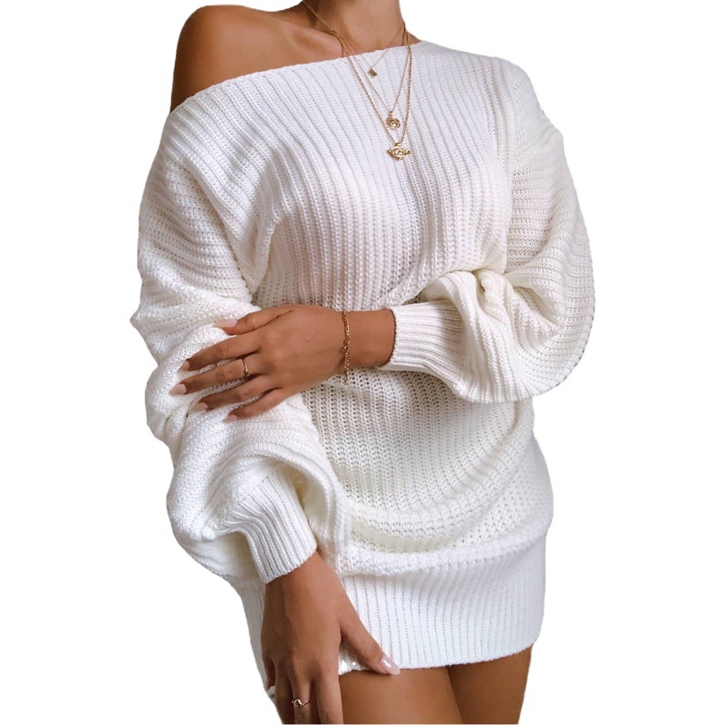 Suéter transfronterizo Otoño/Invierno 2026, éxito de ventas en Amazon, estilo europeo y americano, informal, con hombros descubiertos, manga farol, vestido de punto. image 1