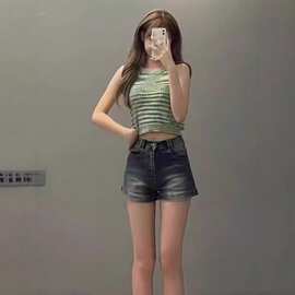 美式复古高腰牛仔短裤女2025年新款夏季显瘦小个子辣妹a字热裤女