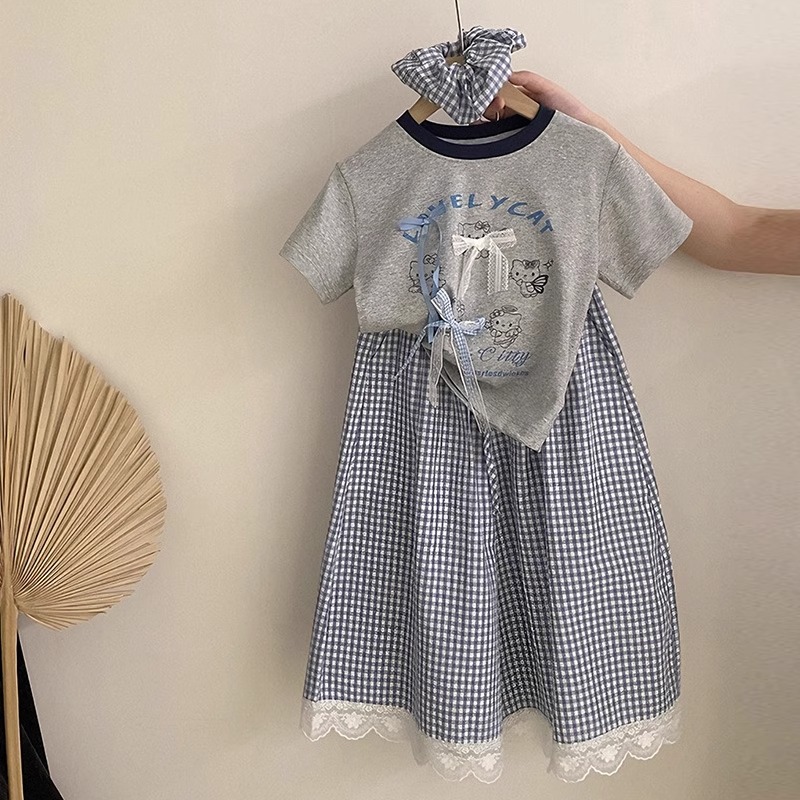 Girls' Bow T-shirt suit Summer 2025 New Children's Casual Summer Dress Large Children's Plaid Pants Two-piece Set