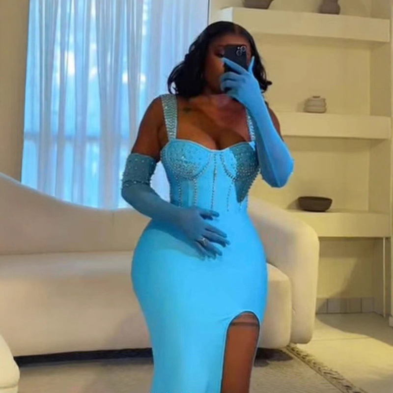 Summer and Autumn Tube Top Wide-Strap Gloves with Rhinestones, High Slit Slimming Bandage Dress, Long Evening Gown, Summer Vacation Style