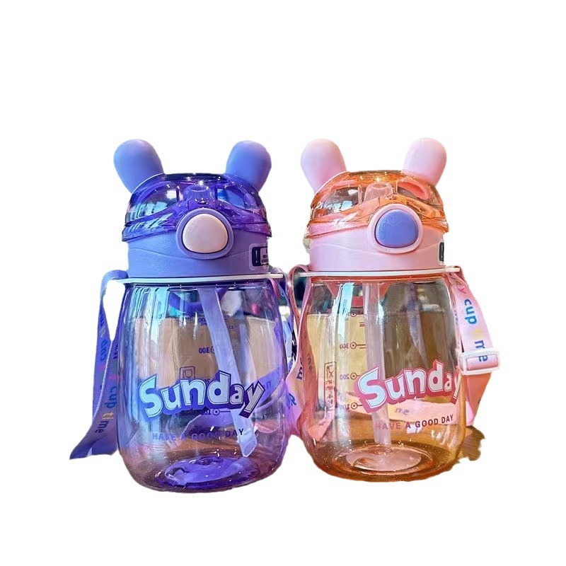 Xinbeidi 2010 taza de agua de plástico para niños correa de paja taza de plástico diversión Orejas de conejo taza de plástico taza de agua para estudiantes