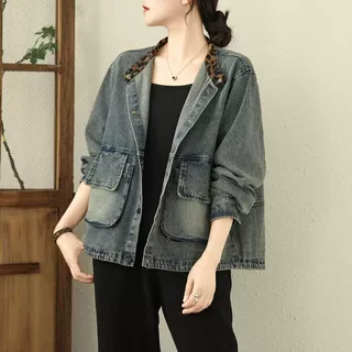 简梦牛仔外套 2025秋季新款 设计感豹纹拼接立领宽松上衣女50022