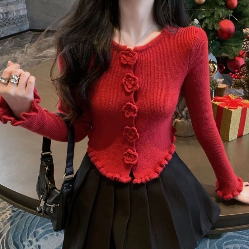 Autumn and Winter New Knitwear Women's Wear Slim-fit Elegant Round Neck Flower Elegant Slim-fit All-match Sweater Top