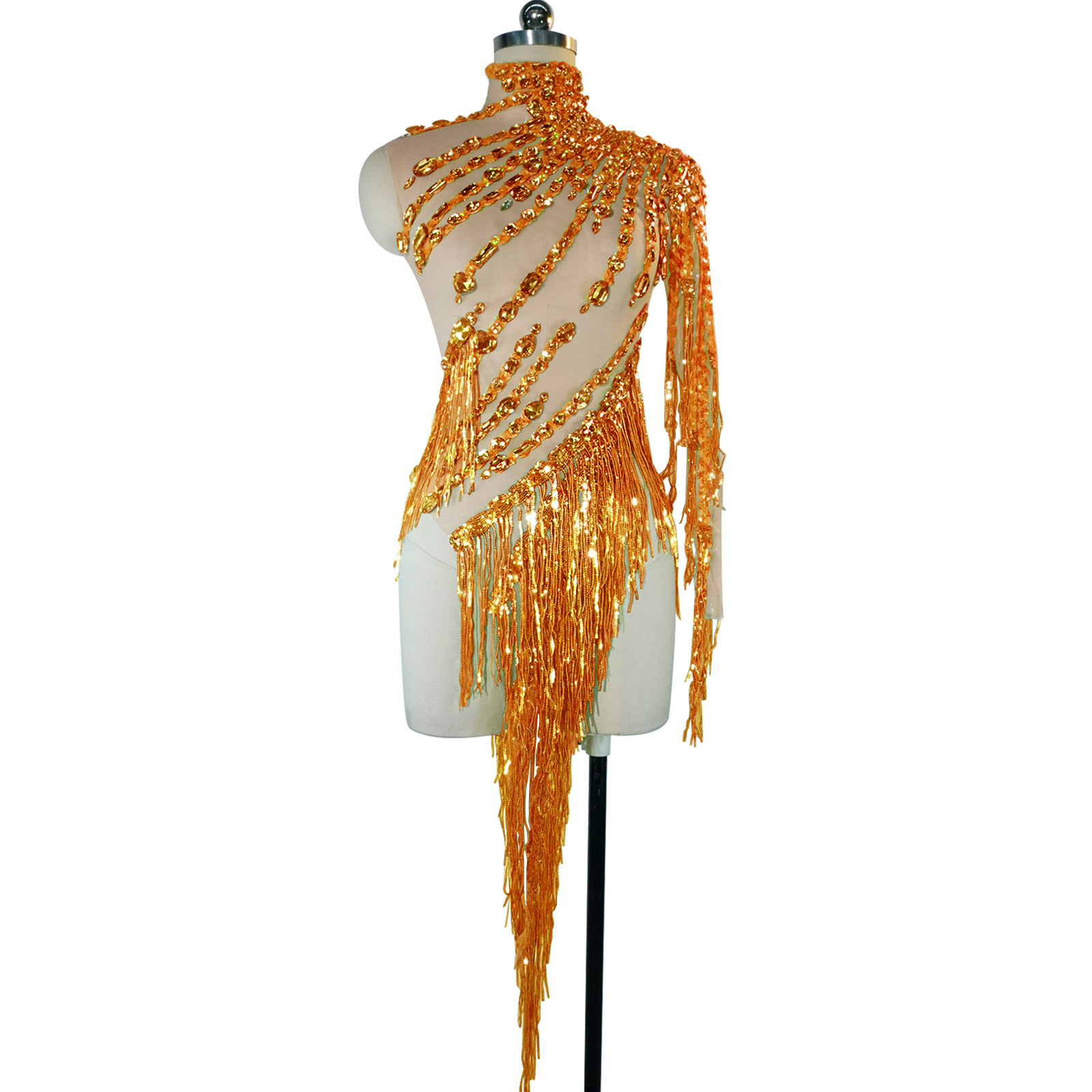 Mesh See-Through Sequin Rhinestone Tassel Dress Latin Dance Stage European and American Cross-Border Performance Outfit Sexy Hot Girl