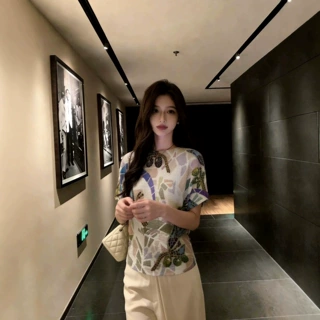 褶家日系设计感个性印花褶皱上衣女夏款气质宽松遮肉显瘦短袖T恤