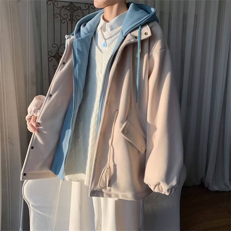 Otoño e invierno sueltos estilo de Hong Kong bf falso abrigo de lana de dos piezas pareja masculina rompevientos con capucha abrigo de lana guapo de moda