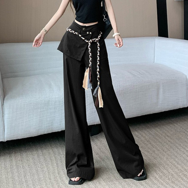 アメリカンスタイルのウエストロープバットカーテン作業服ワイドレッグパンツ女性の夏の新しいホットガールハイウエストルーズスリミングフロアレングスパンツ|undefined