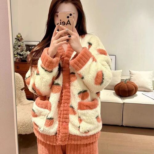 Autumn and Winter Thick Blackberry Rose Silk Pajamas Set for Girls Long Sleeve Long Pants Little Princess Style Fringe Flannel Home Clothes Set Thick Warm