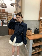 蝴蝶结系带设计感长袖牛仔衬衫花苞半身裙女2025秋季新款时尚套装