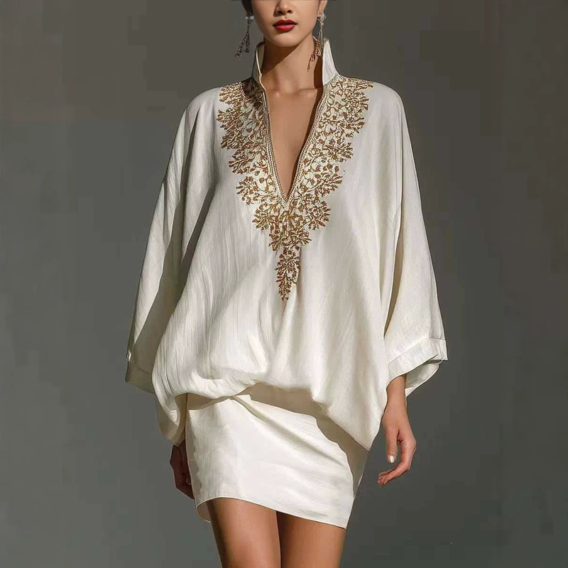 2026 New Retro Cross-Border Printed Stand-Collar Batwing Sleeve Two-Piece Set with a Light Luxury Vibe, Loose Satin Short Skirt Set 2026 New Retro Cross-Border Printed Stand-Collar Batwing Sleeve Two-Piece Set with a Light Luxury Vibe, Loose Satin Short Skirt Set