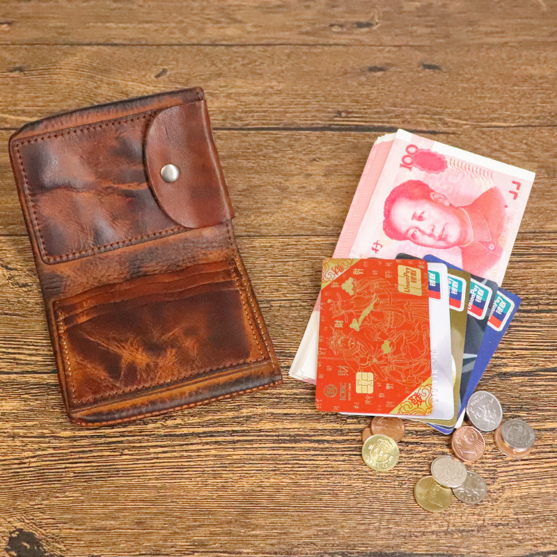 广州手工擦色水洗植鞣牛皮创意口袋拉链复古钱包男士零钱包收纳包