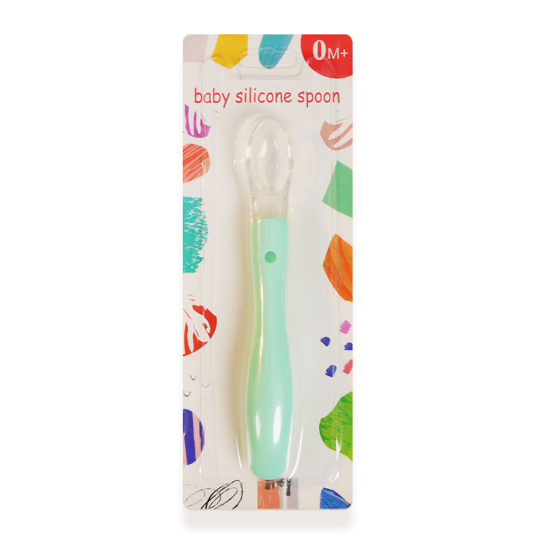Inglés Tarjeta de alimentación infantil vajilla bebé cuchara de silicona bebé suave cabeza cuchara bebé