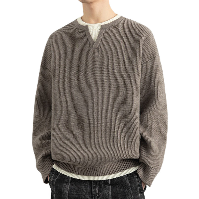 Explosiones transfronterizas de tamaño grande europeo falso dos piezas de costura camiseta de punto suéter hombre cuello V viejo viento otoño invierno fábrica al por mayor