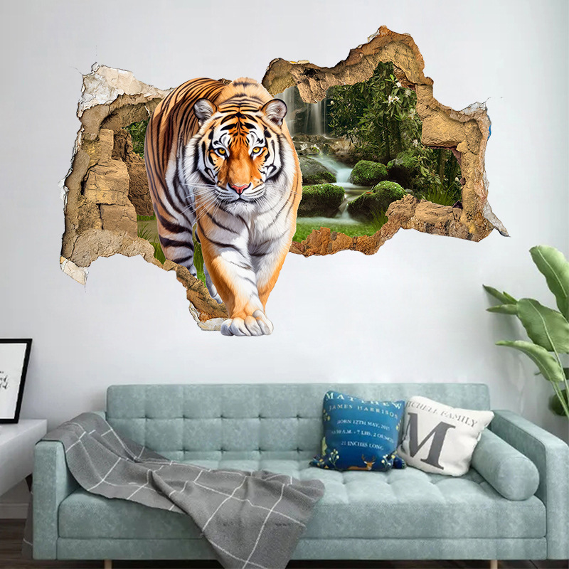 Cute Tiger through the Wall Self-Adhesive Wall Stickers Living Room Bedroom Room Decoration Wall Stickers Background Wall Wallpaper
