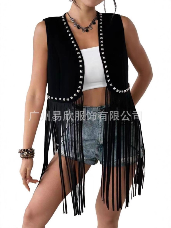Women's Tassel 60S 70S Hippie Vest Sleeveless Denim Western Faux Suede Tassel Jacket
