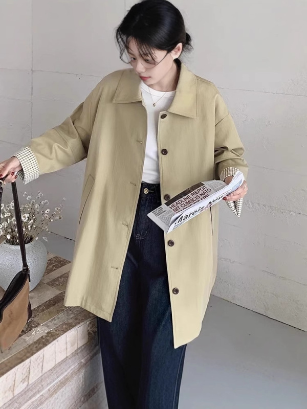 卡其色设计感格子袖休闲风衣外套女2025秋季新宽松显瘦中长款大衣|undefined
