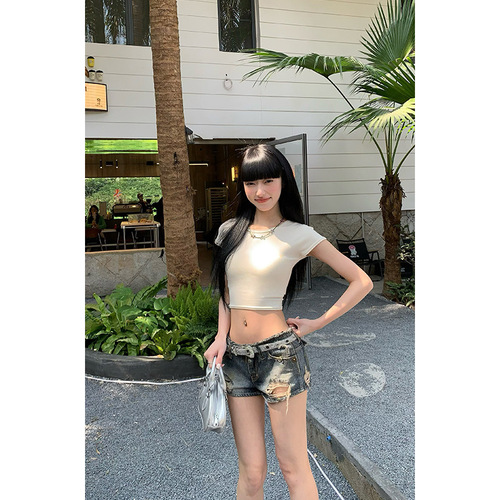 All-match waist-hugging short tight hot girl short-sleeved T-shirt for women 2025 summer retro chic navel top ins trendy