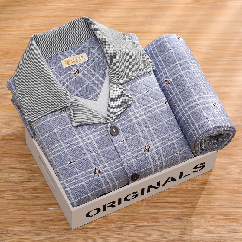 가을, 겨울 남성 샌드위치 코튼 가디건 옷깃 중년 및 노인 긴팔 두꺼운 얇은 퀼트 대형 잠옷 캐주얼 홈웨어