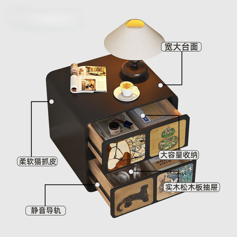 轻奢高级黑色床头柜2025新款创意复古风小型卧室免组装实木收纳柜|undefined