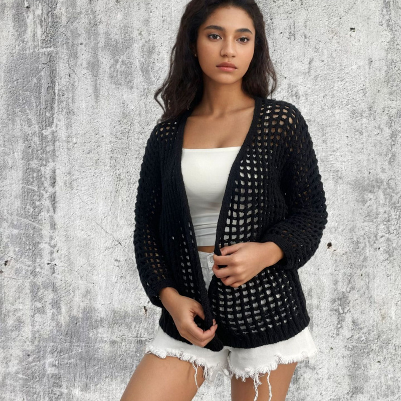 Spring and Autumn New Cross-Border Knit Women's Cardigan Hollow-Out Fishnet Solid Color Top Jacket Loose Solid Color