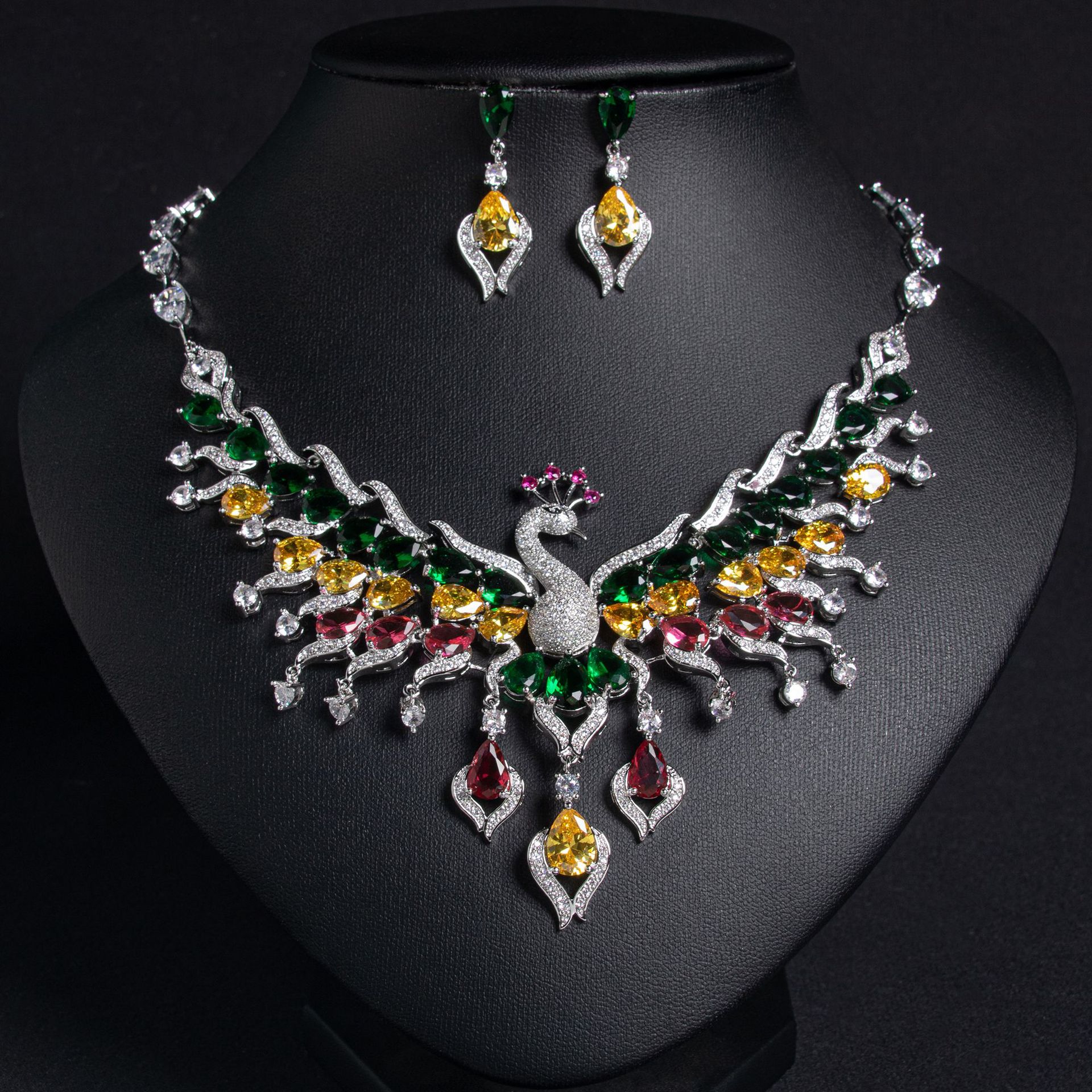 ethnic style bride zircon peacock shape earrings set tassel colorful clavicle necklace jewelry set_voghion.com