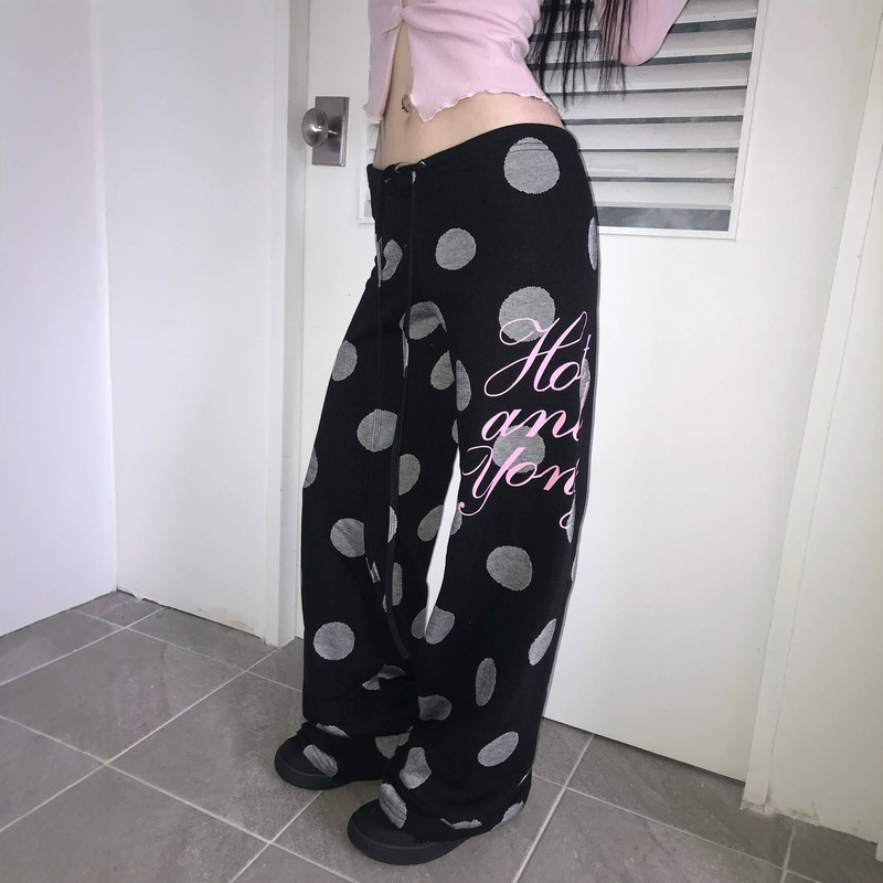 Cross-border Trendy Retro 2026 Summer New Korean Polka Dot Letter Print Casual Sports Pants Women's Wide-Leg Trousers Cross-border Trendy Retro 2026 Summer New Korean Polka Dot Letter Print Casual Sports Pants Women's Wide-Leg Trousers