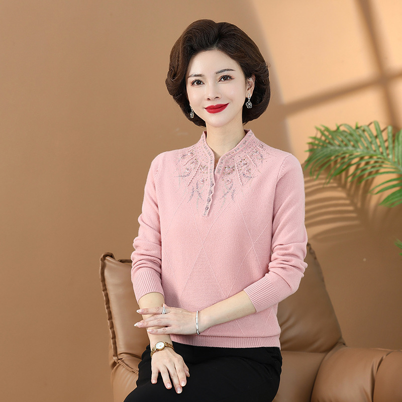 2026 Autumn and Winter New Fashion V-Neck Wool Sweater for Middle-Aged and Elderly Women, High-Quality Full Wool Knitwear, Mom's Top