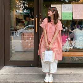 夏季女式新款日系文艺粉格宽松设计感小众防晒罩衫连衣裙女显瘦潮