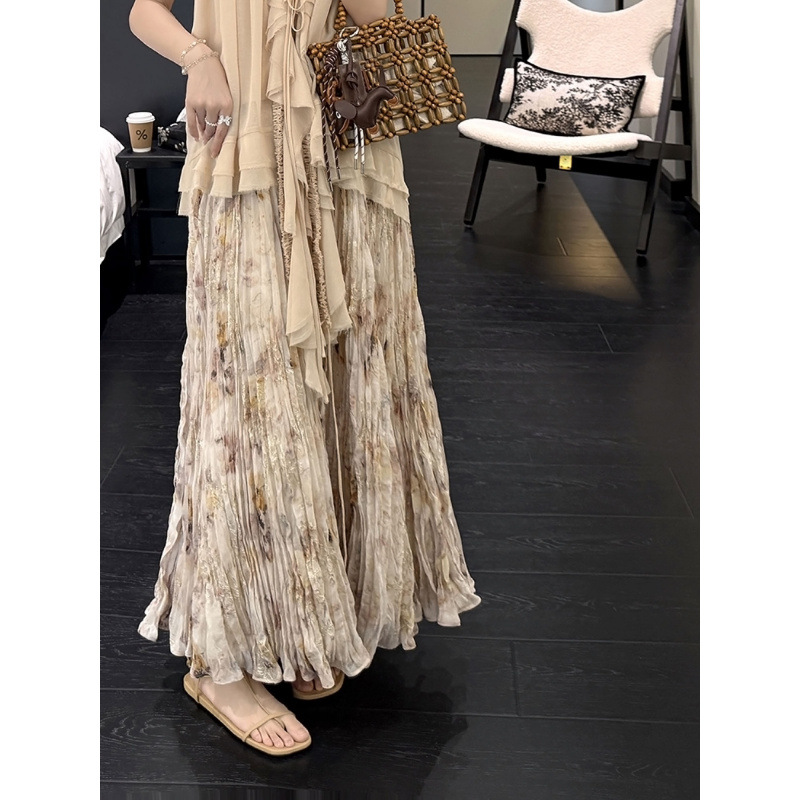 In Stock 2026 Summer Soft Gauze Floral Cut-Out Craft Fashion Elegant Pink-Green Pleated A-Line Skirt