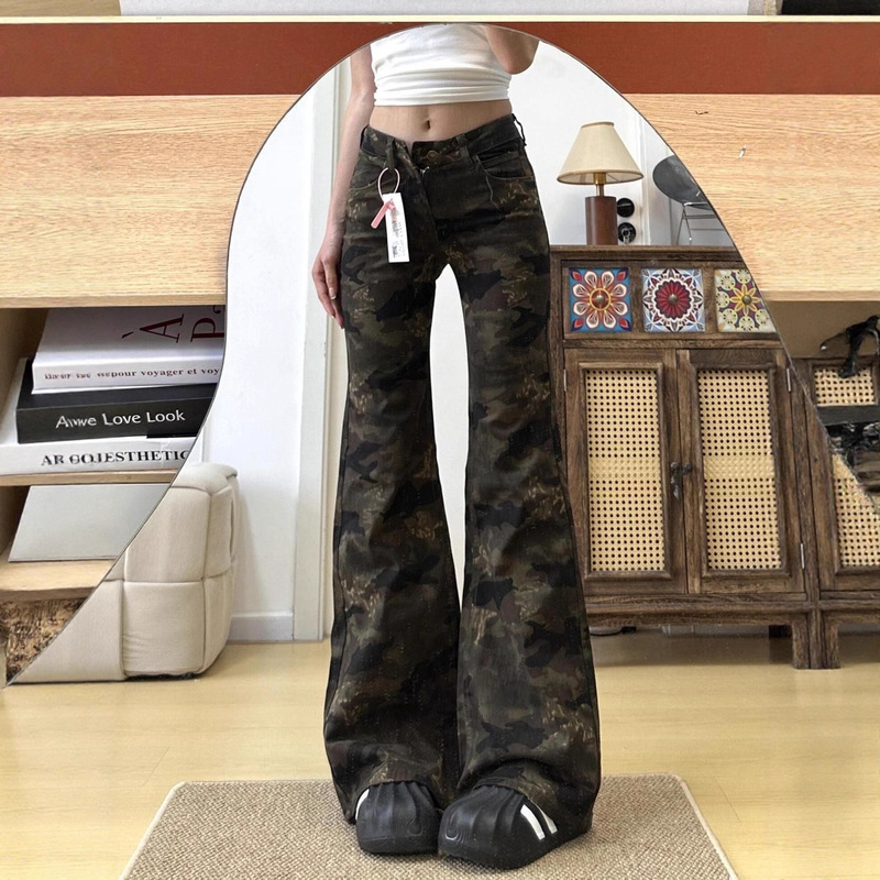 Wide-Leg Camouflage Flared Jeans for Women, Spring and Summer, Low-Waist, Non-Tight Flared Straight-Leg Pants, Women's Pants Wide-Leg Camouflage Flared Jeans for Women, Spring and Summer, Low-Waist, Non-Tight Flared Straight-Leg Pants, Women's Pants