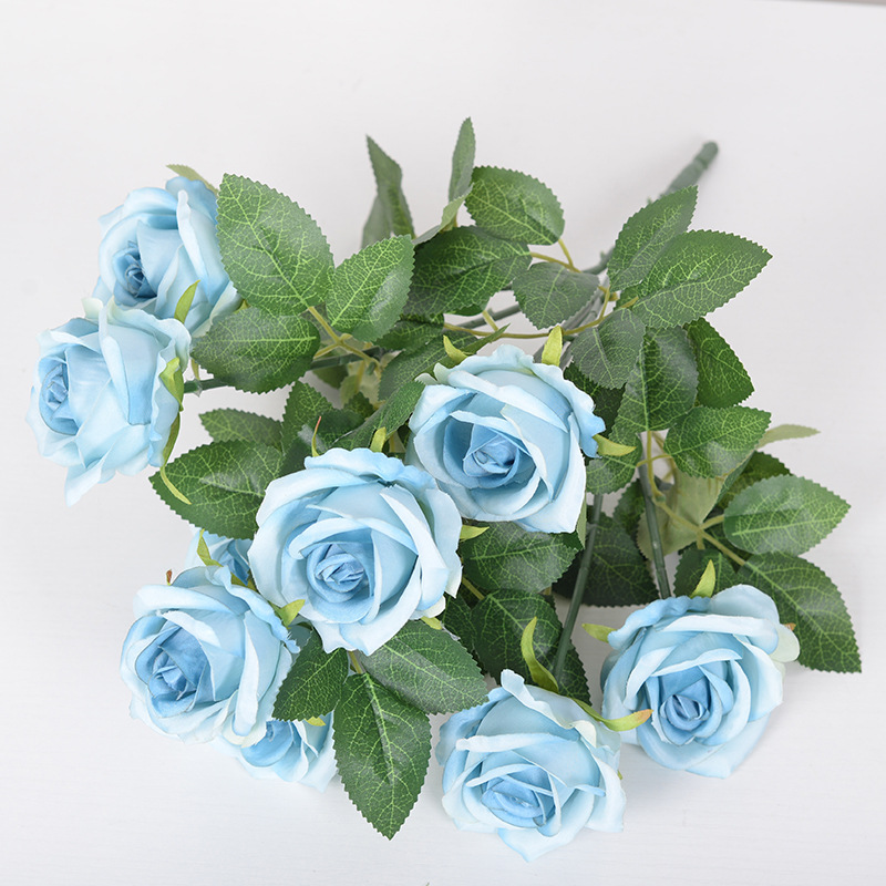 9-cabeza Rosa flor artificial ramo hogar Decoración de la boda Rosa artificial pequeña venta al por mayor de París