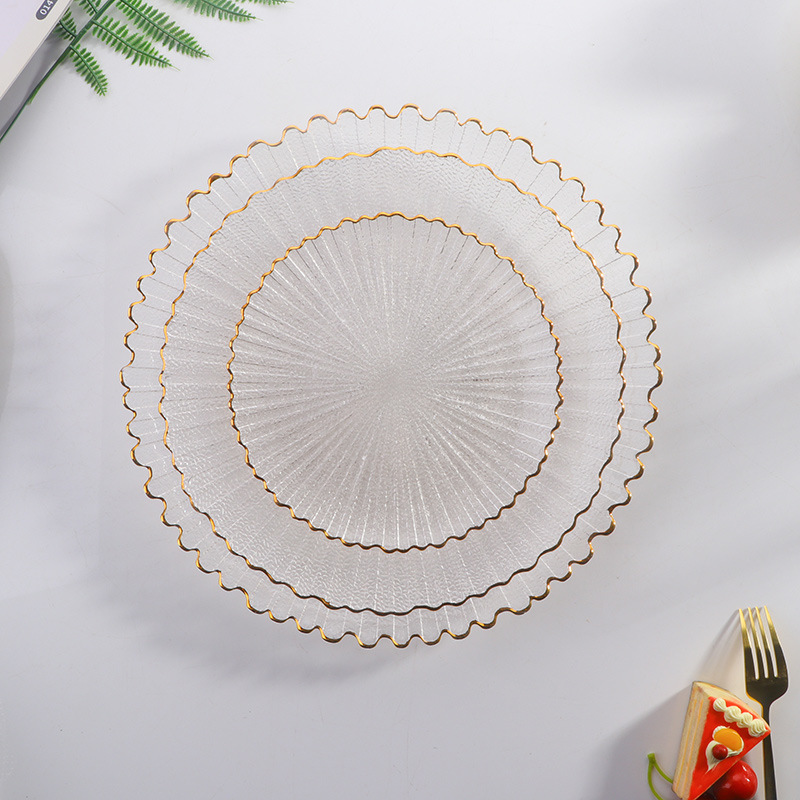 Bandeja de vidrio transparente de estilo insi, bandeja de frutas de borde de hielo, bandeja de postre de la Sala de estar doméstica, bandeja de frutas secas