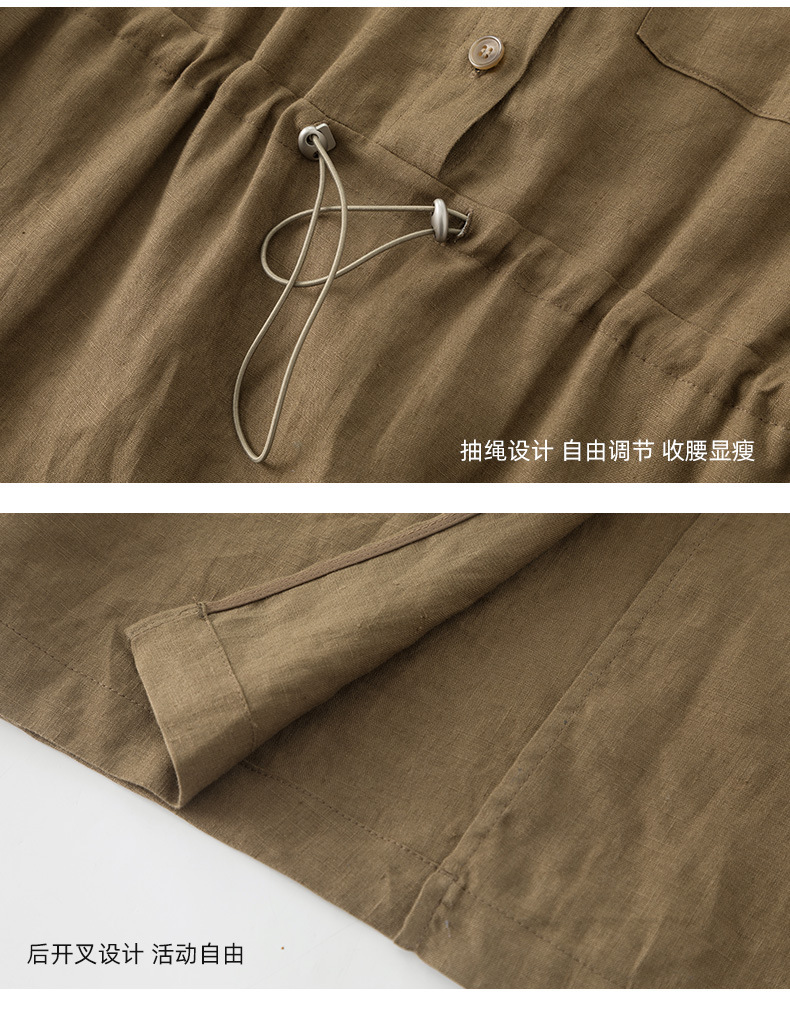 Váy maxi vải lanh nữ dáng rộng tay ngắn eo dây rút — Xanh ô liu chi tiết 23