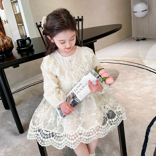 Girls' Ruffled Lace Dress 2024 Spring New Style Foreign Fashionable Children's Clothing Baby Girl Casual Princess Dress Trendy