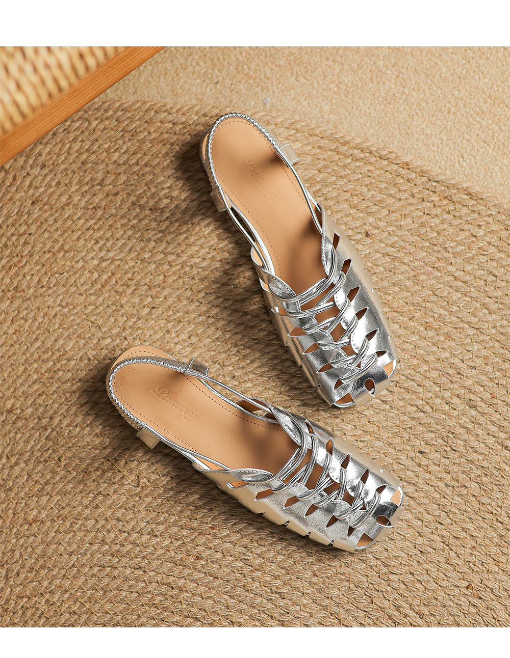 Dép sandal nữ da bò đế bệt dệt rỗng kiểu retro La Mã — đen chi tiết 18